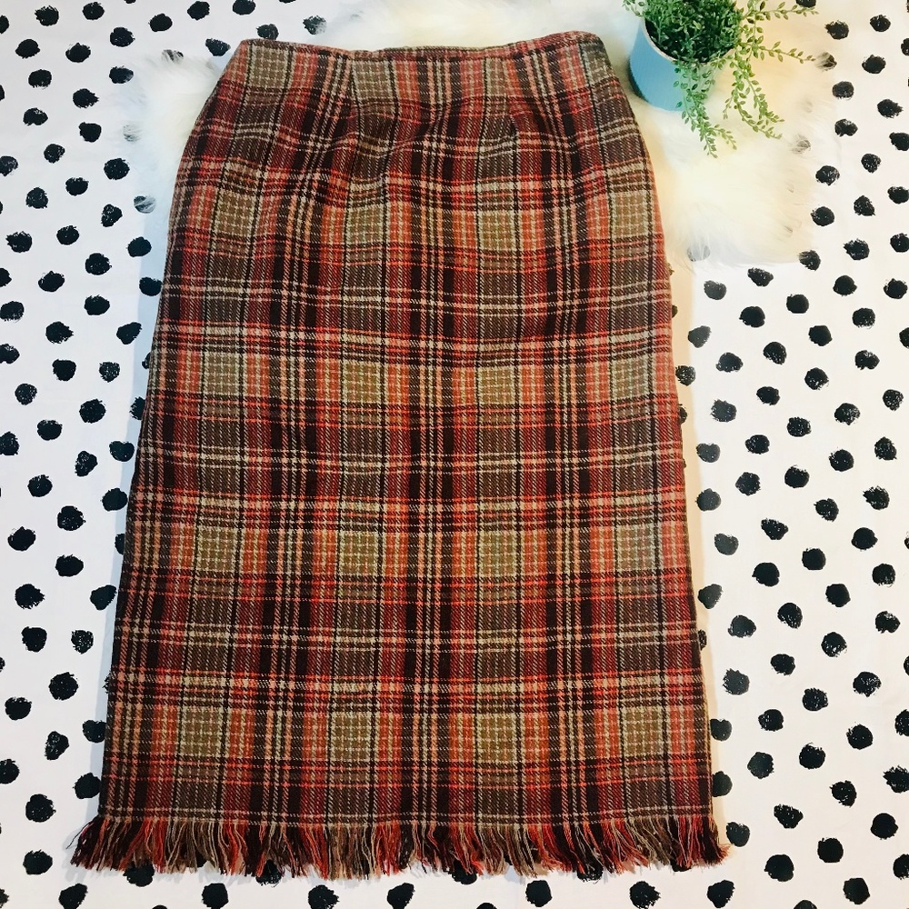 Vintage Wool Plaid Blanket Skirt Fringe Hem Sz 16